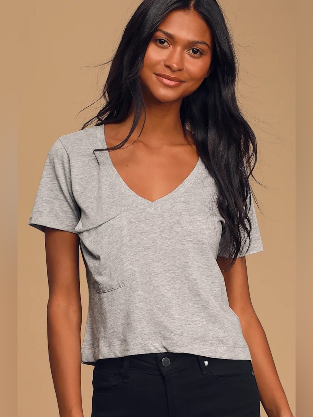 Z Supply Gray V-Neck Cropped Pocket Tee